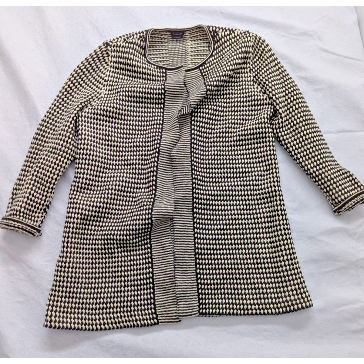 Talbots Womens Black & White Houndstooth Open Cardigan Sweater Pure Merino Wool