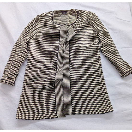 Talbots Womens Black & White Houndstooth Open Cardigan Sweater Pure Merino Wool