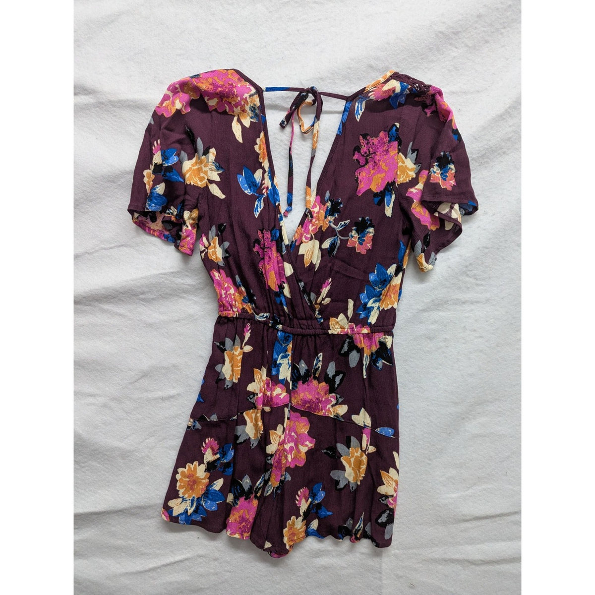 Xhilaration Floral Wrap Romper Short Sleeve Purple Multicolor Xs