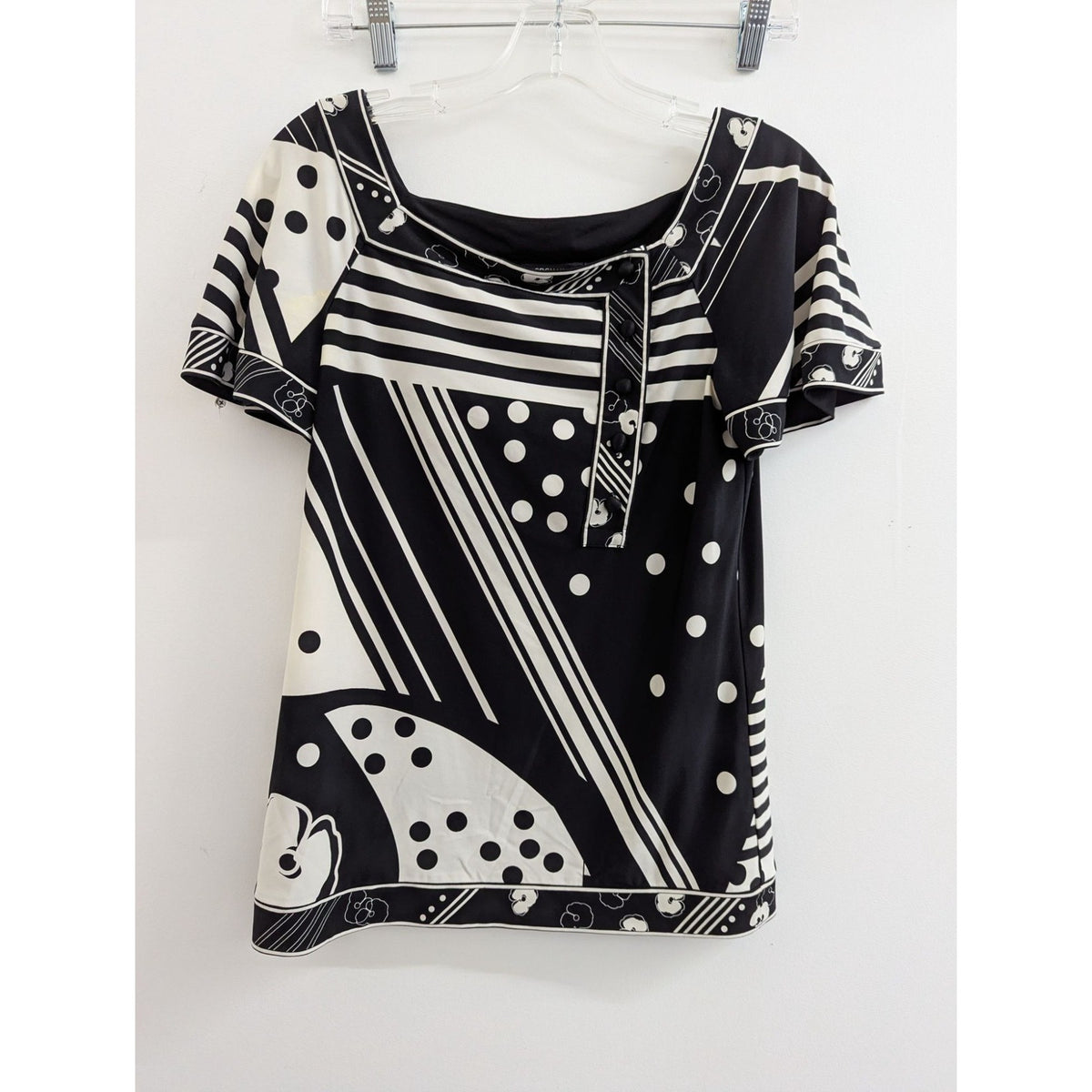 Bcbgmaxazria Black & White Geometric Patterned Short Sleeve Blouse XS
