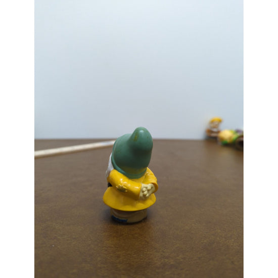 Vintage Miniature Garden Gnome Figurine In Yellow Coat & Green Hat 3 Inches Tall
