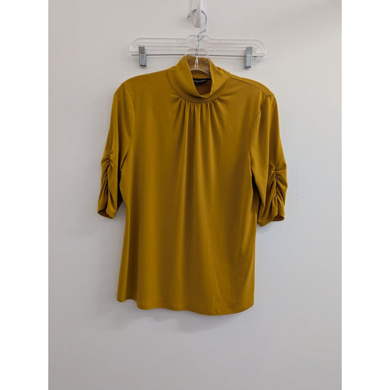 7th Avenue Design Studio Mustard Yellow Ruched 3/4 Sleeve Mock Neck Top M