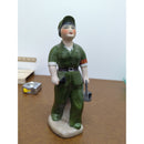 Vintage Ceramic Figurine Of Worker In Green Uniform Hand-Painted Standing On Base 9 Inches Tall