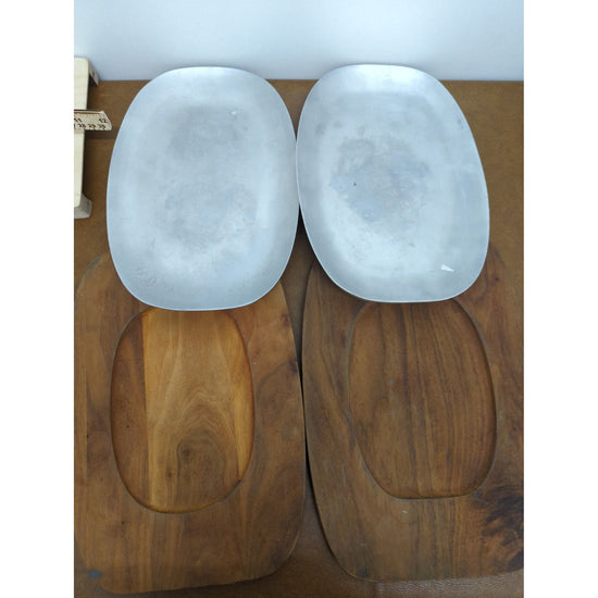 Set Of 2 Aluminum & Wood Serving Platters Oval 13"x10" Modern Rustic Style