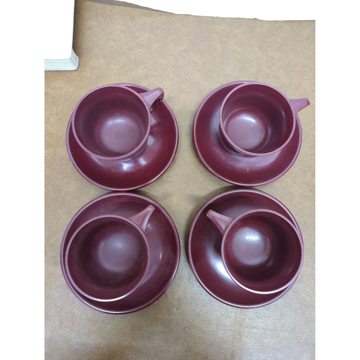 Set Of 4 Burgundy Plastic Teacups & Saucers Lightweight & Durable Mid-Century Modern Style