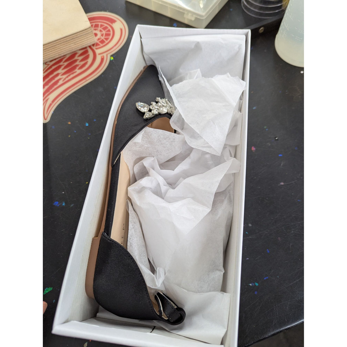 Kailee P Womens Bella Black Satin Flats W9 With Rhinestone Detail & Box
