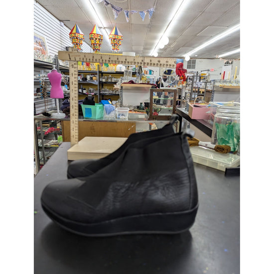 Black Leather & Stretch Fabric Ankle Boots With Pull Tabs & Textured Soles Size 7.5 Made In Korea