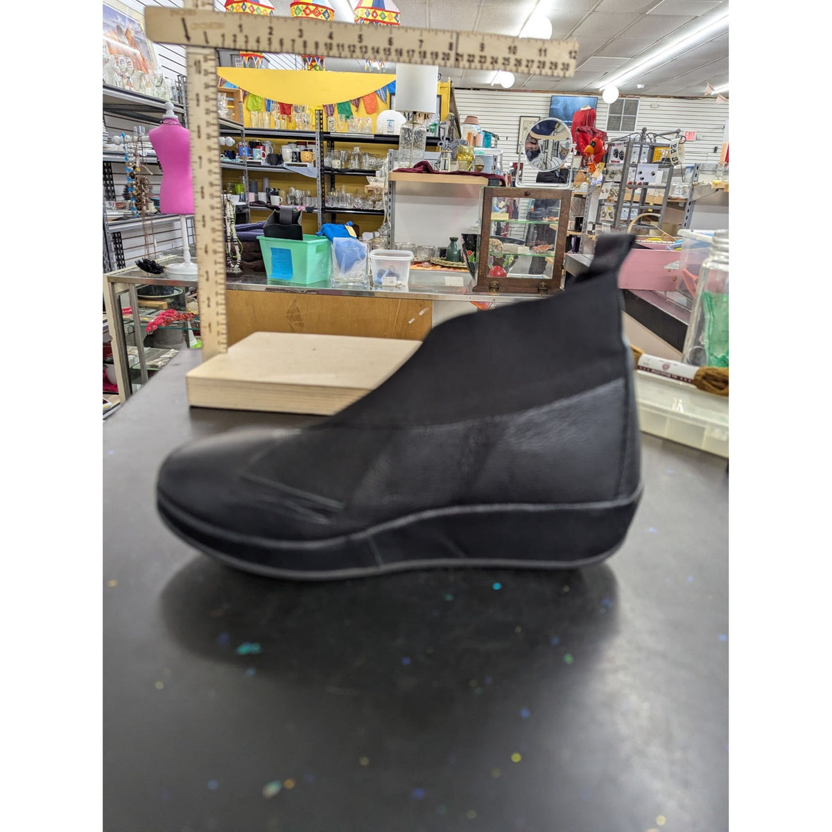Black Leather & Stretch Fabric Ankle Boots With Pull Tabs & Textured Soles Size 7.5 Made In Korea