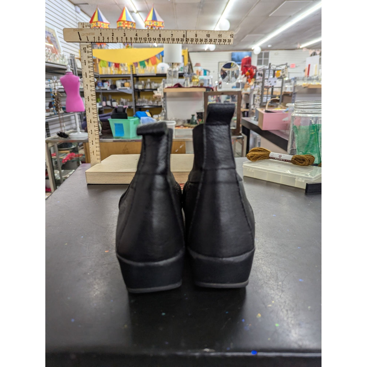 Black Leather & Stretch Fabric Ankle Boots With Pull Tabs & Textured Soles Size 7.5 Made In Korea