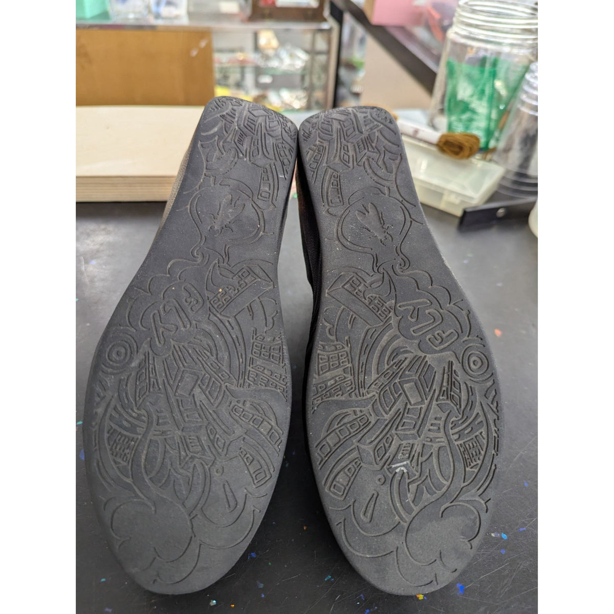Black Leather & Stretch Fabric Ankle Boots With Pull Tabs & Textured Soles Size 7.5 Made In Korea