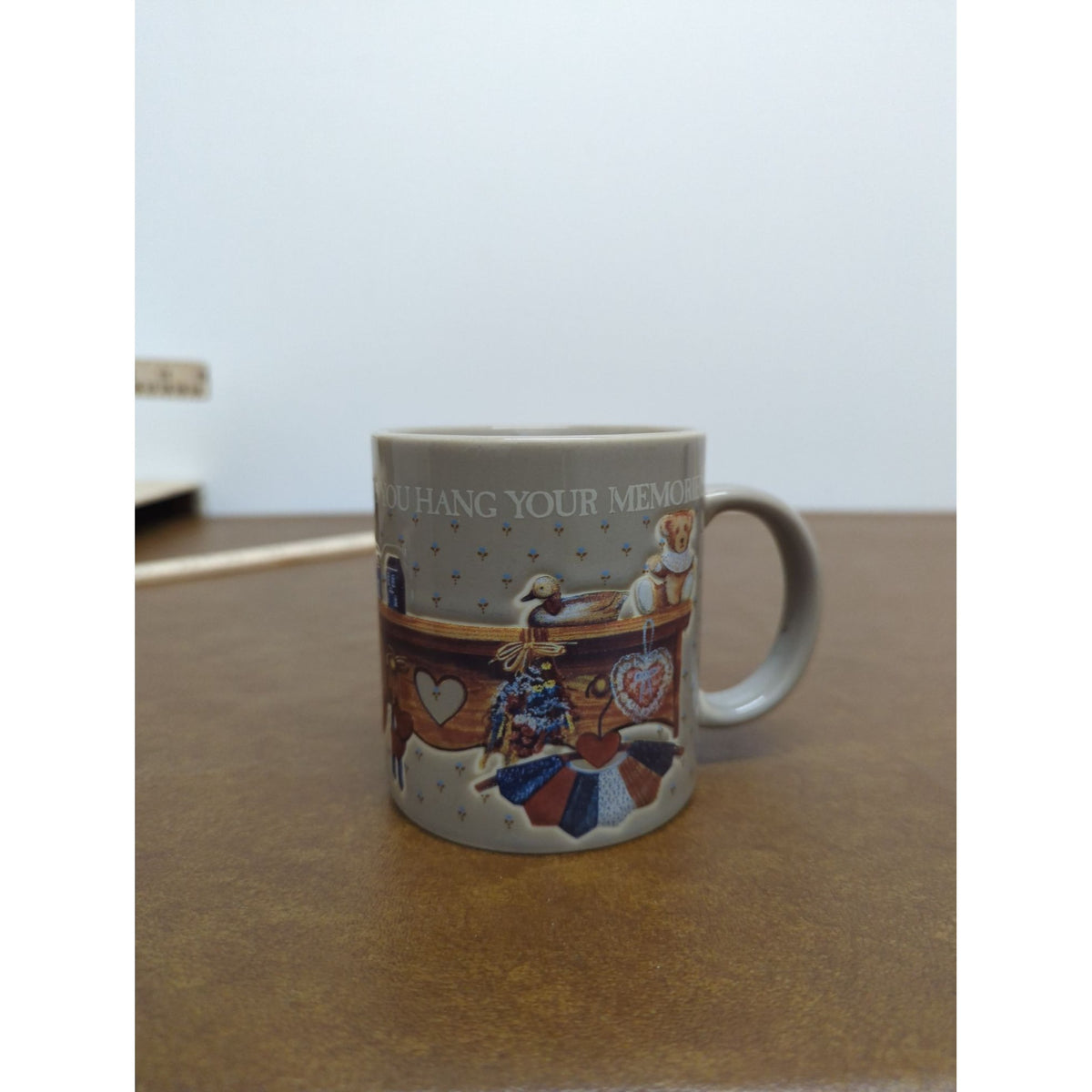 Home Is Where You Hang Your Memories Ceramic Mug Beige Folk Art Design 8 Oz Made In Japan
