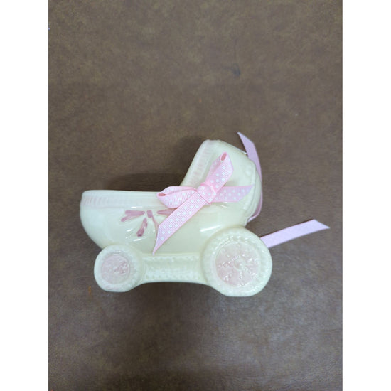Ceramic Baby Carriage Trinket Holder With Pink Ribbon Accents 4" x 4.5" Cream & Pink