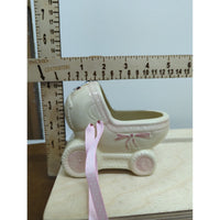 Ceramic Baby Carriage Trinket Holder With Pink Ribbon Accents 4" x 4.5" Cream & Pink