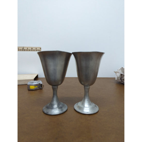 Vintage Pewter Goblet Set Of 2 Rustic Decorative Chalices 6.5 Inches Tall Handcrafted Metal Drinkware