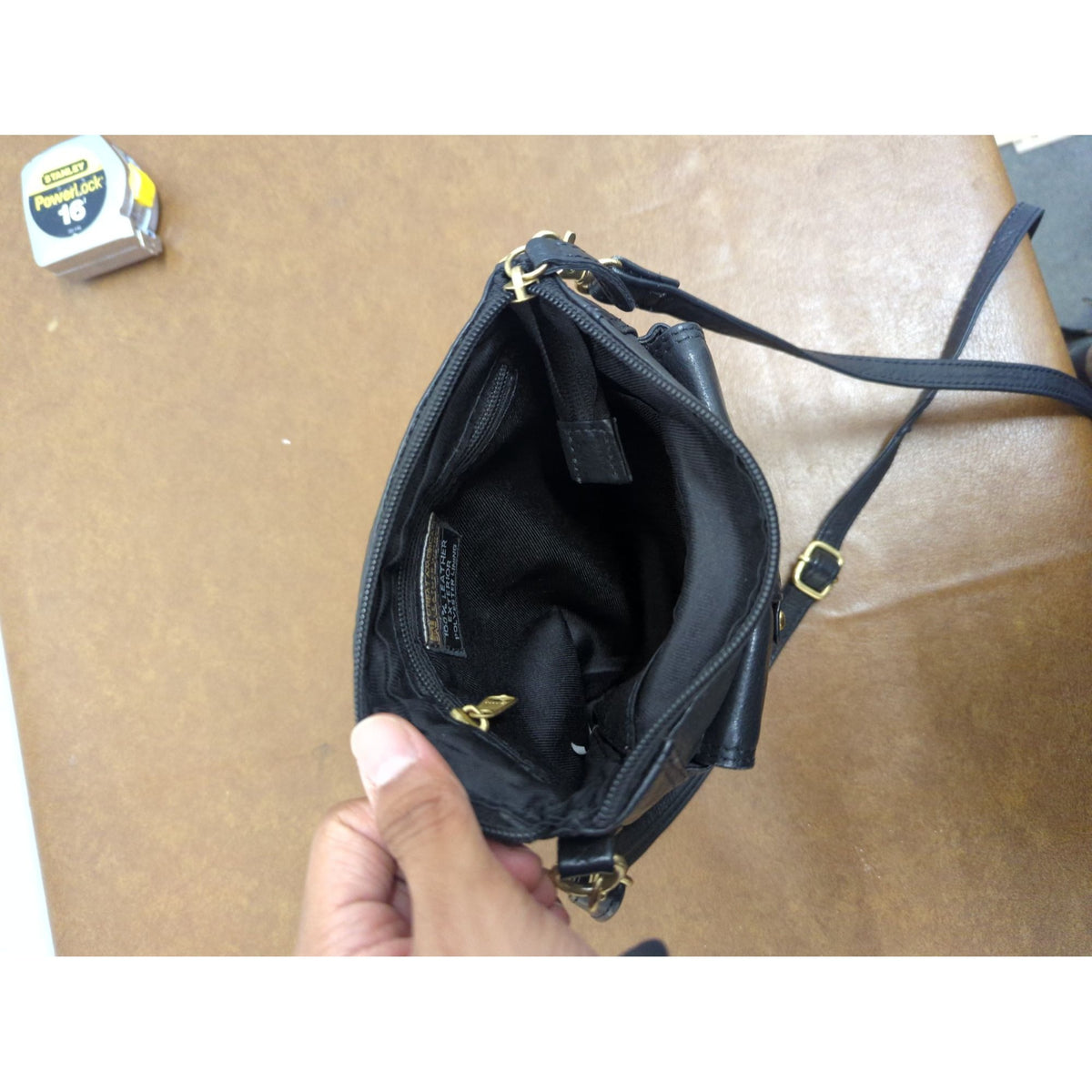 Black Leather Crossbody Bag With Adjustable Strap & Front Pocket