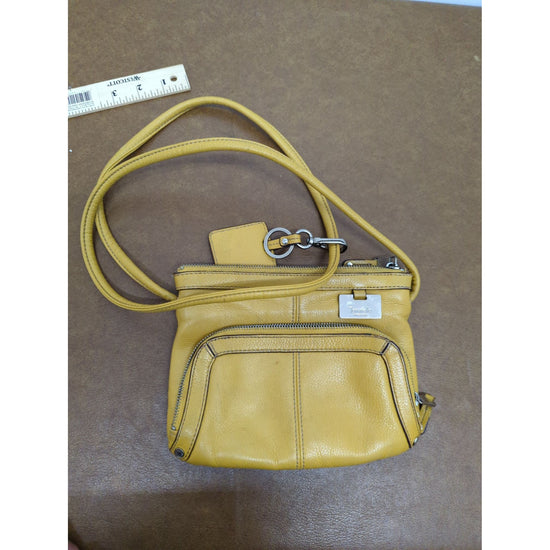 Tignanello Yellow Leather Crossbody Bag With Multiple Zipper Pockets & Chain Print Lining