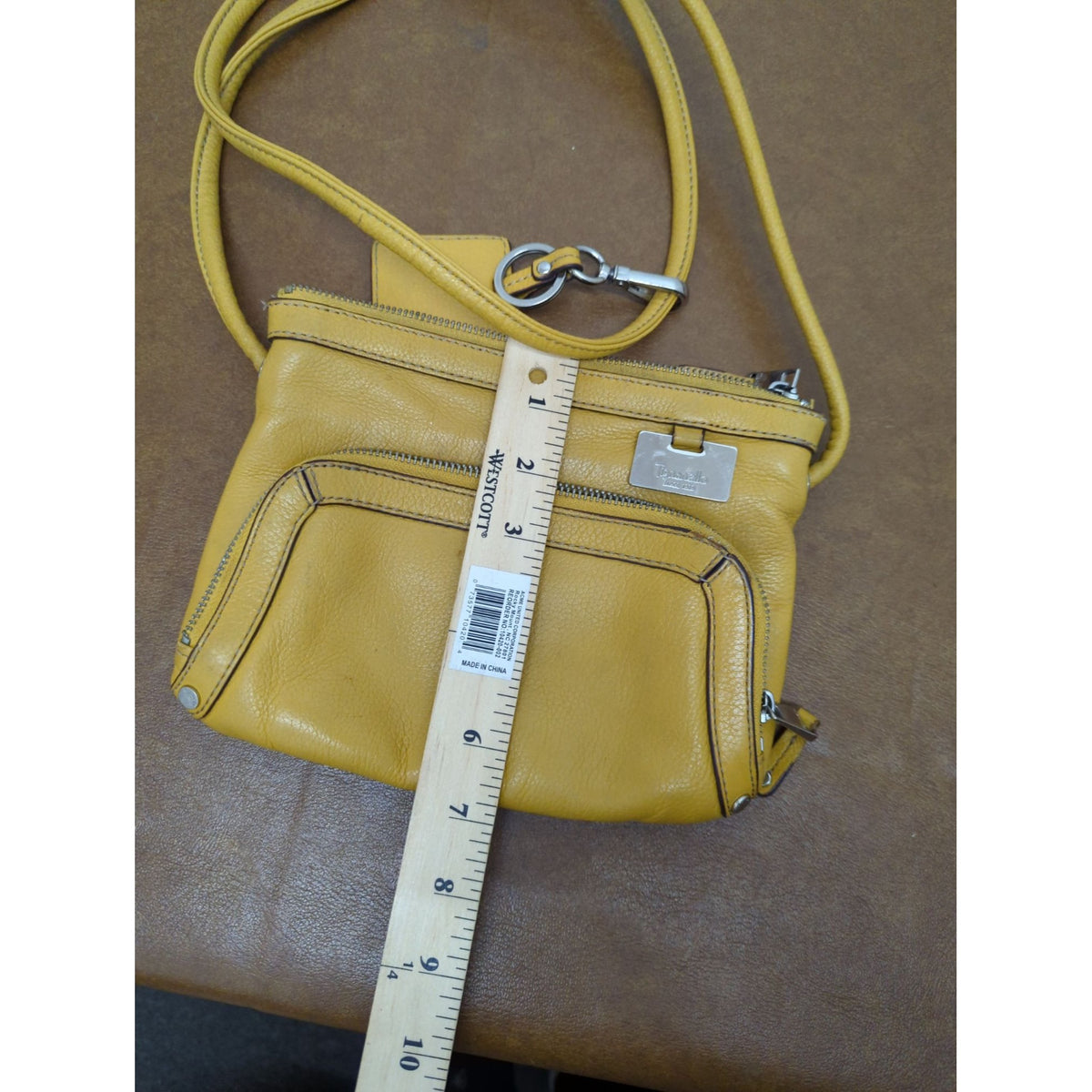Tignanello Yellow Leather Crossbody Bag With Multiple Zipper Pockets & Chain Print Lining