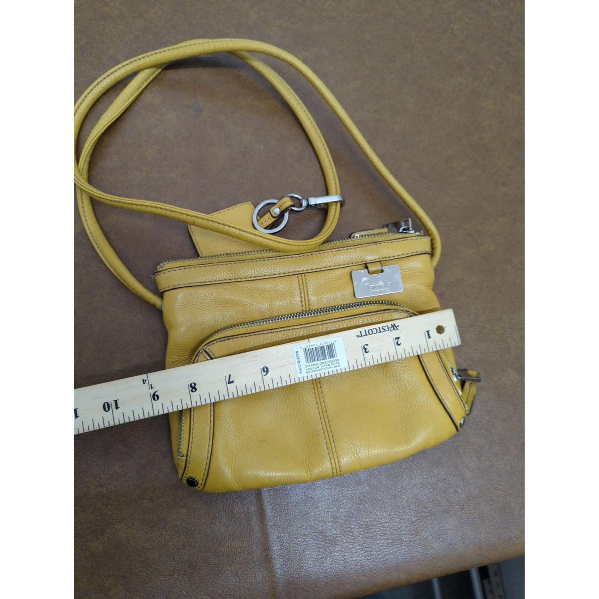 Tignanello Yellow Leather Crossbody Bag With Multiple Zipper Pockets & Chain Print Lining