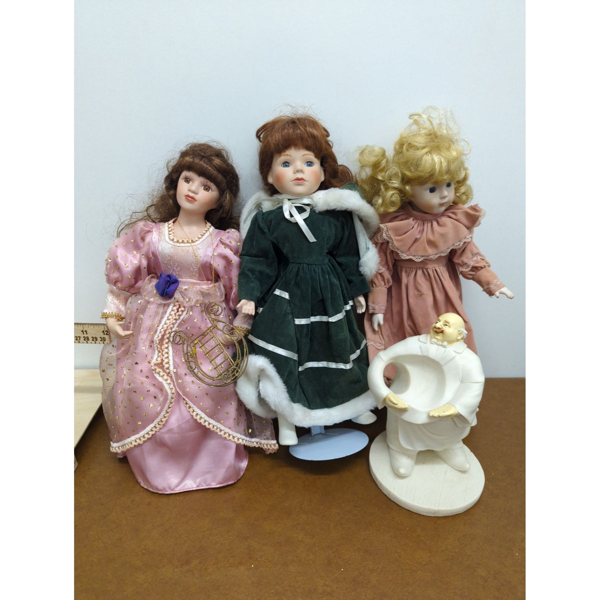 Set Of 3 Collectible Porcelain Dolls & Chef Figurine 14-Inch Dolls Elegant Outfits Home Decor