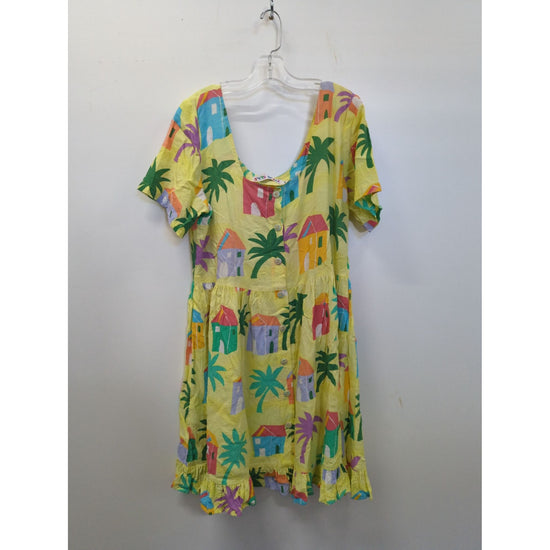 Jams World Tropical Print Yellow Button-Front Short Sleeve Dress Size M