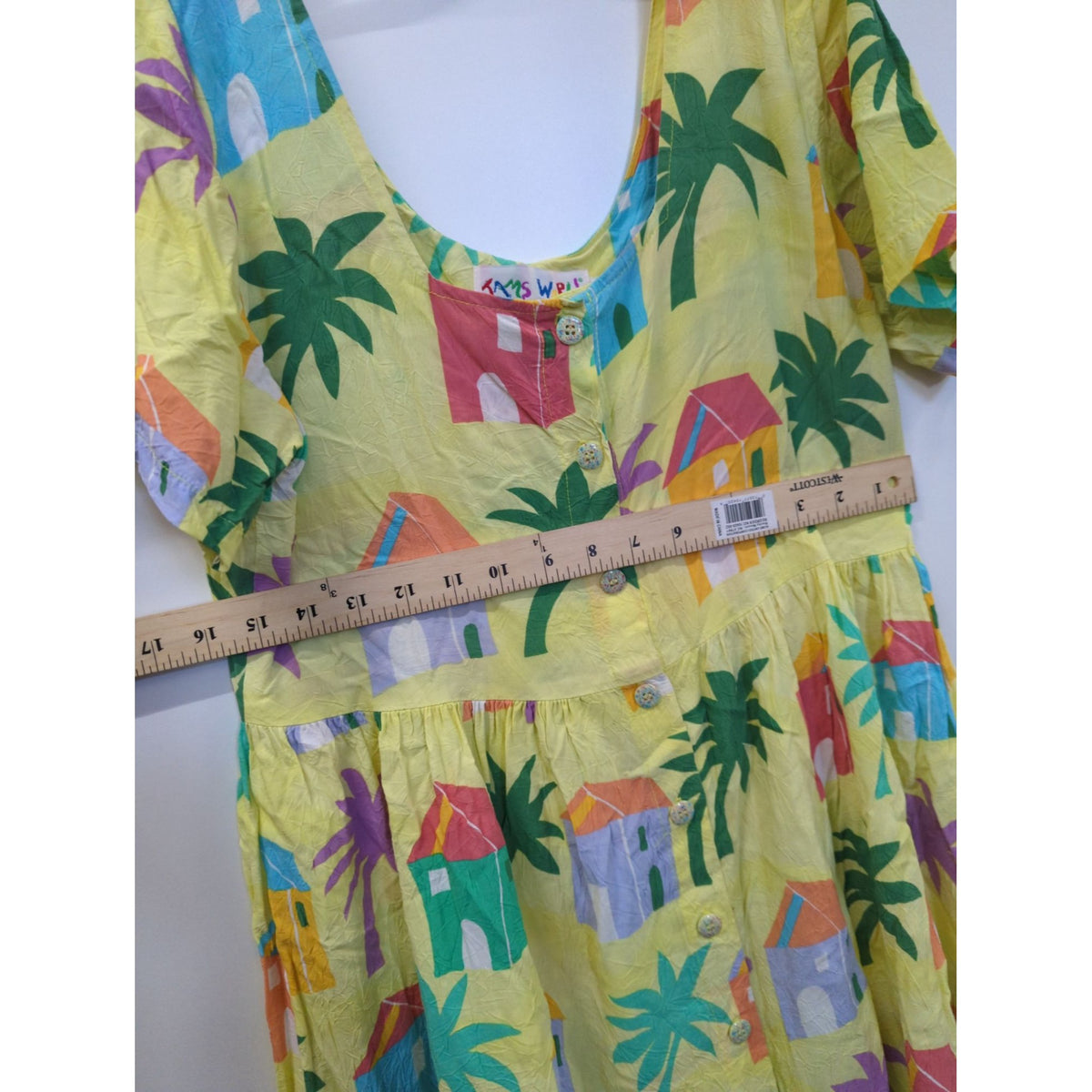 Jams World Tropical Print Yellow Button-Front Short Sleeve Dress Size M