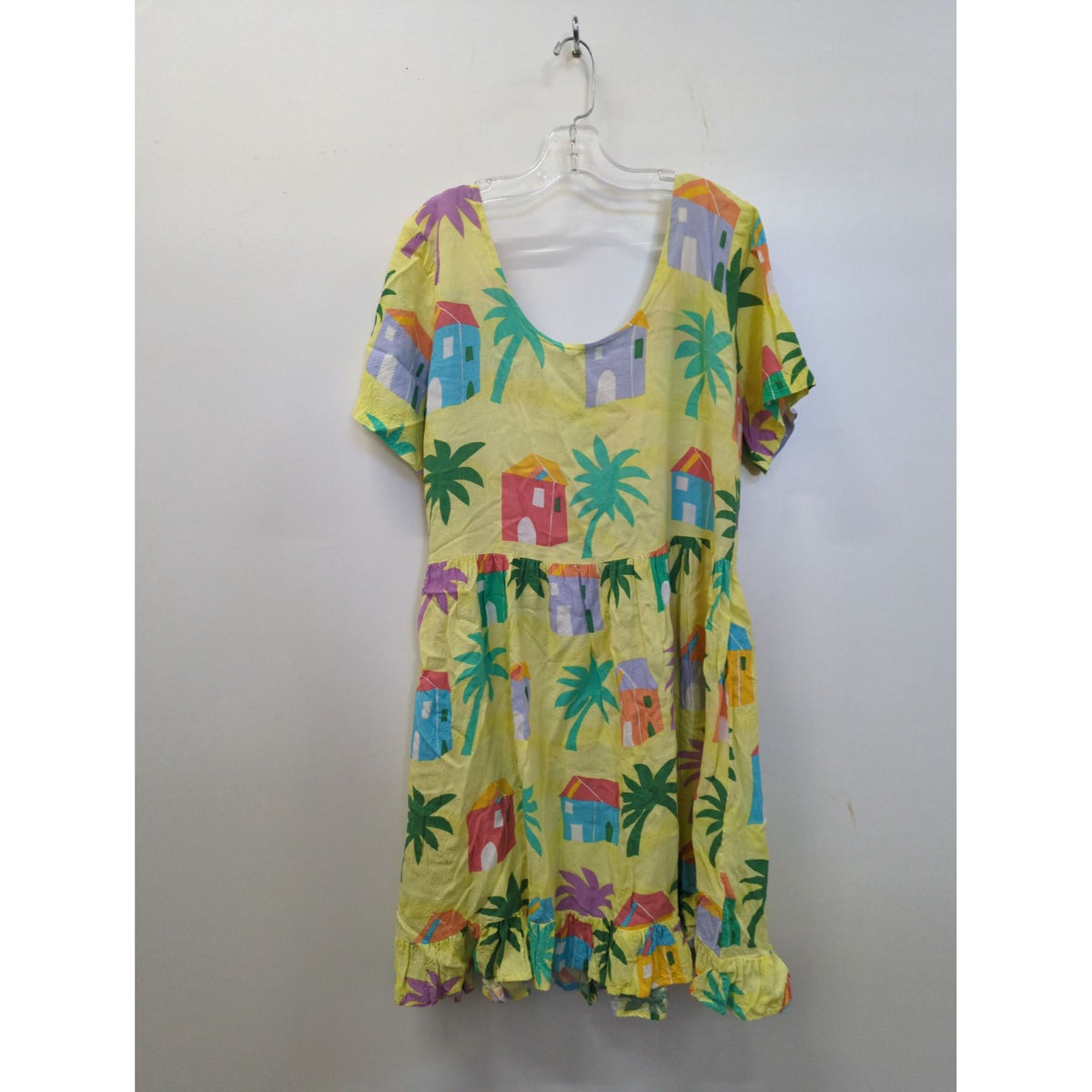Jams World Tropical Print Yellow Button-Front Short Sleeve Dress Size M