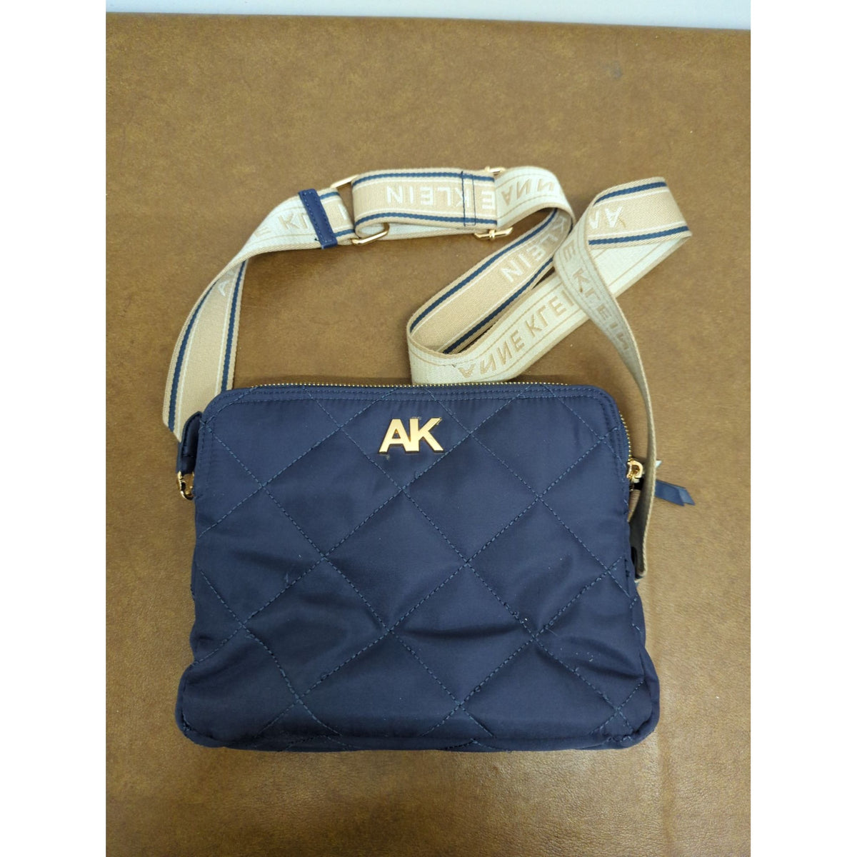 Anne Klein Quilted Crossbody Bag With Adjustable Logo Strap Navy & Beige