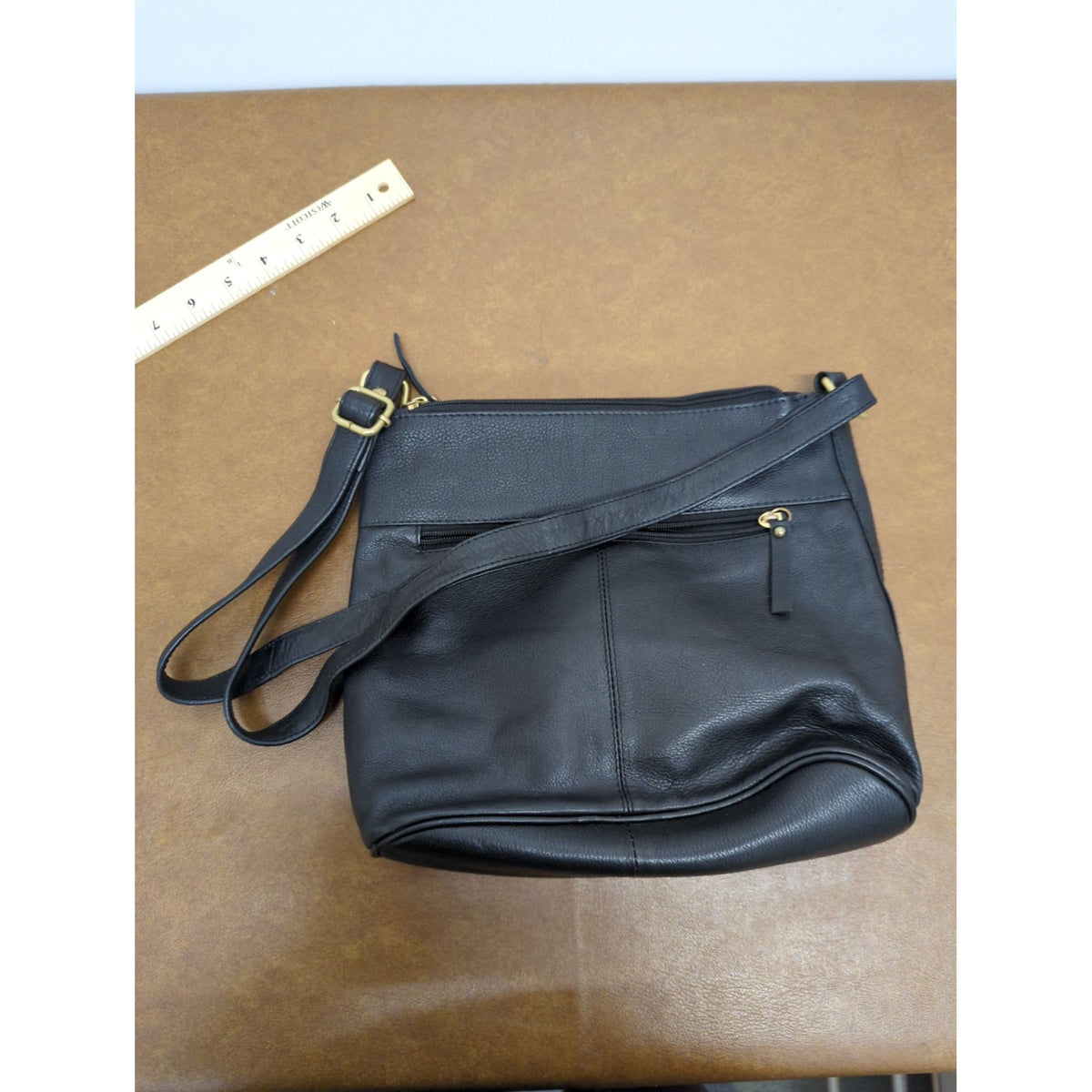Black Leather Crossbody Bag With Adjustable Strap & Multiple Zipper Pockets By Great American Leather Works