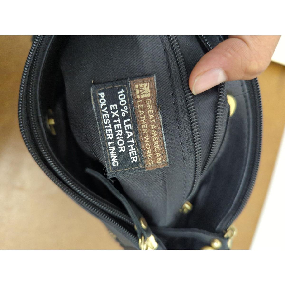 Black Leather Crossbody Bag With Adjustable Strap & Multiple Zipper Pockets By Great American Leather Works