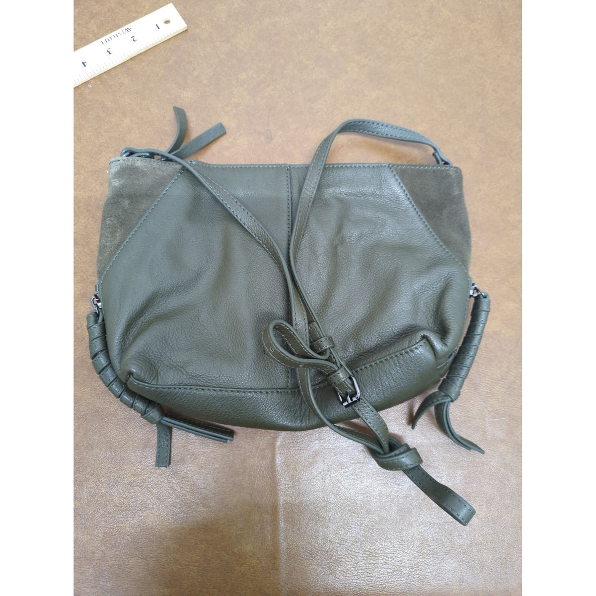 Vince Camuto Army Green Leather Crossbody Bag With Suede Accents & Adjustable Strap