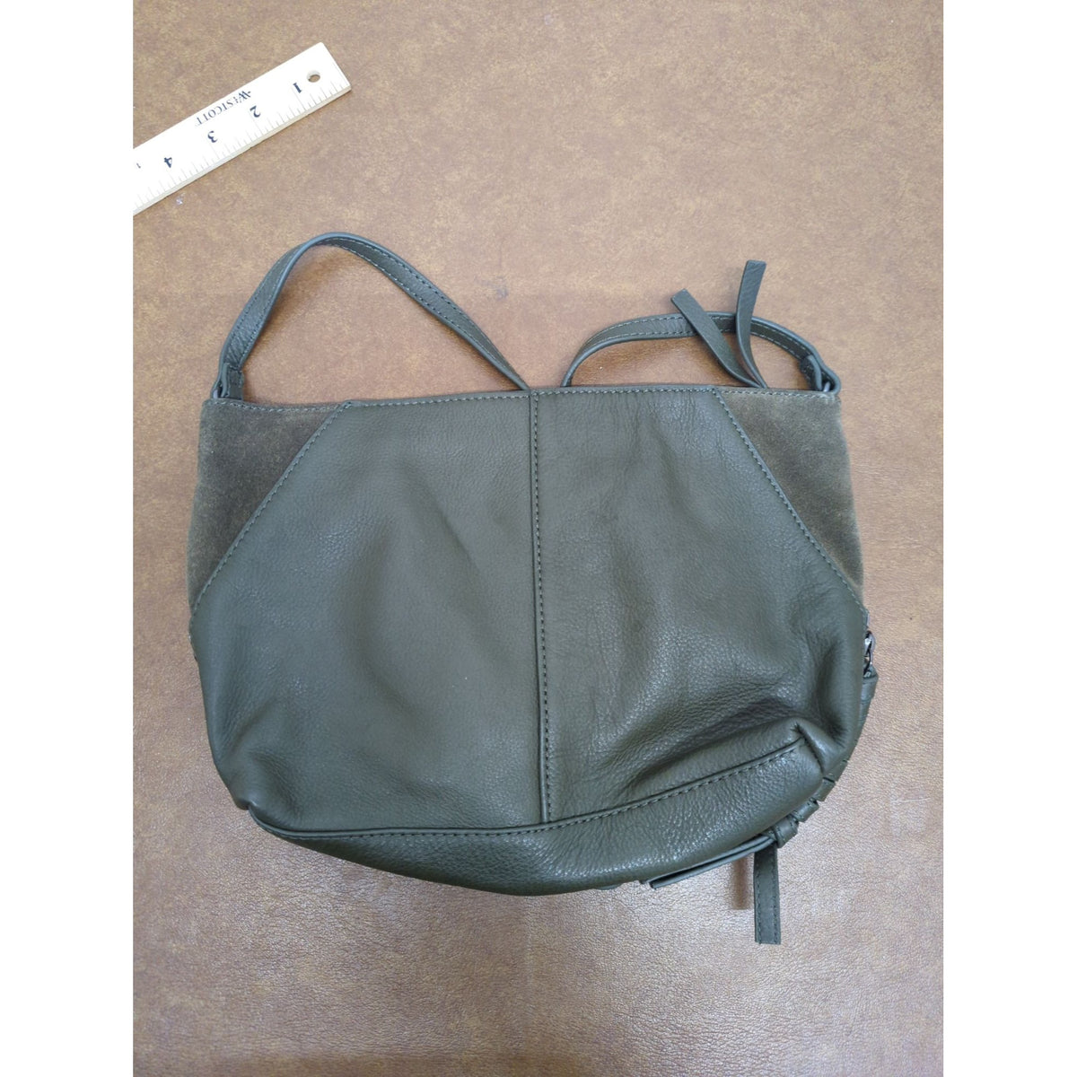 Vince Camuto Army Green Leather Crossbody Bag With Suede Accents & Adjustable Strap