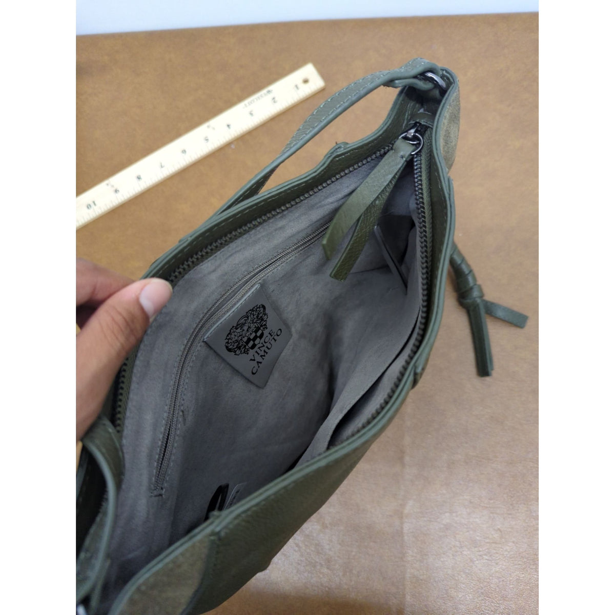 Vince Camuto Army Green Leather Crossbody Bag With Suede Accents & Adjustable Strap