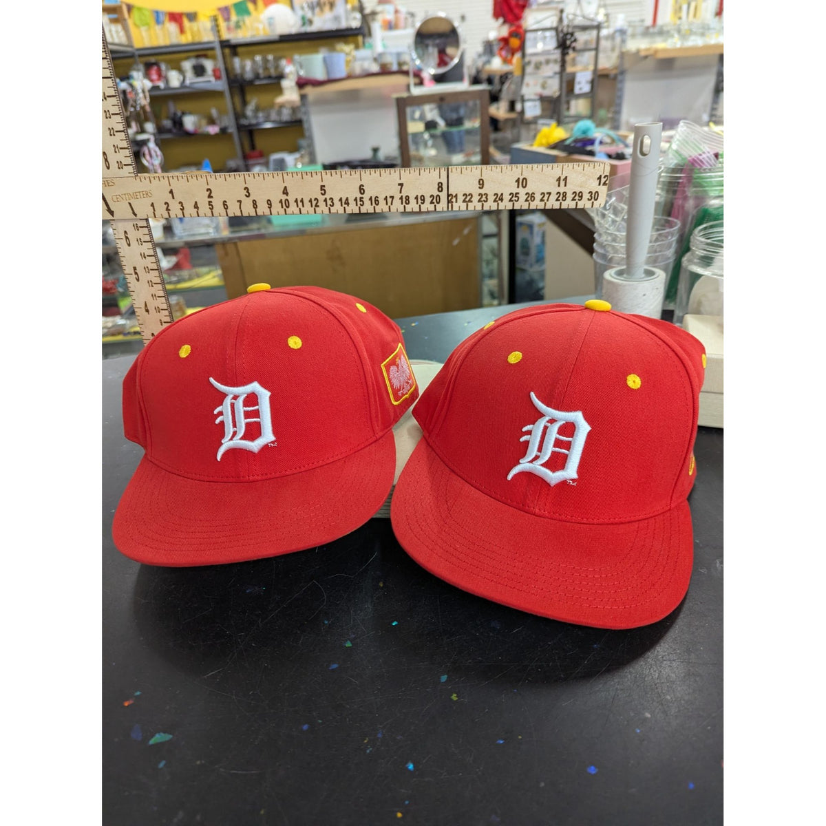 Red Snapback Hat With Embroidered "D" Logo & Yellow Accents Adjustable Fit