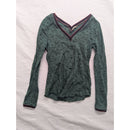 Free People Green Lace Long Sleeve V-Neck Top With Red & Navy Trim