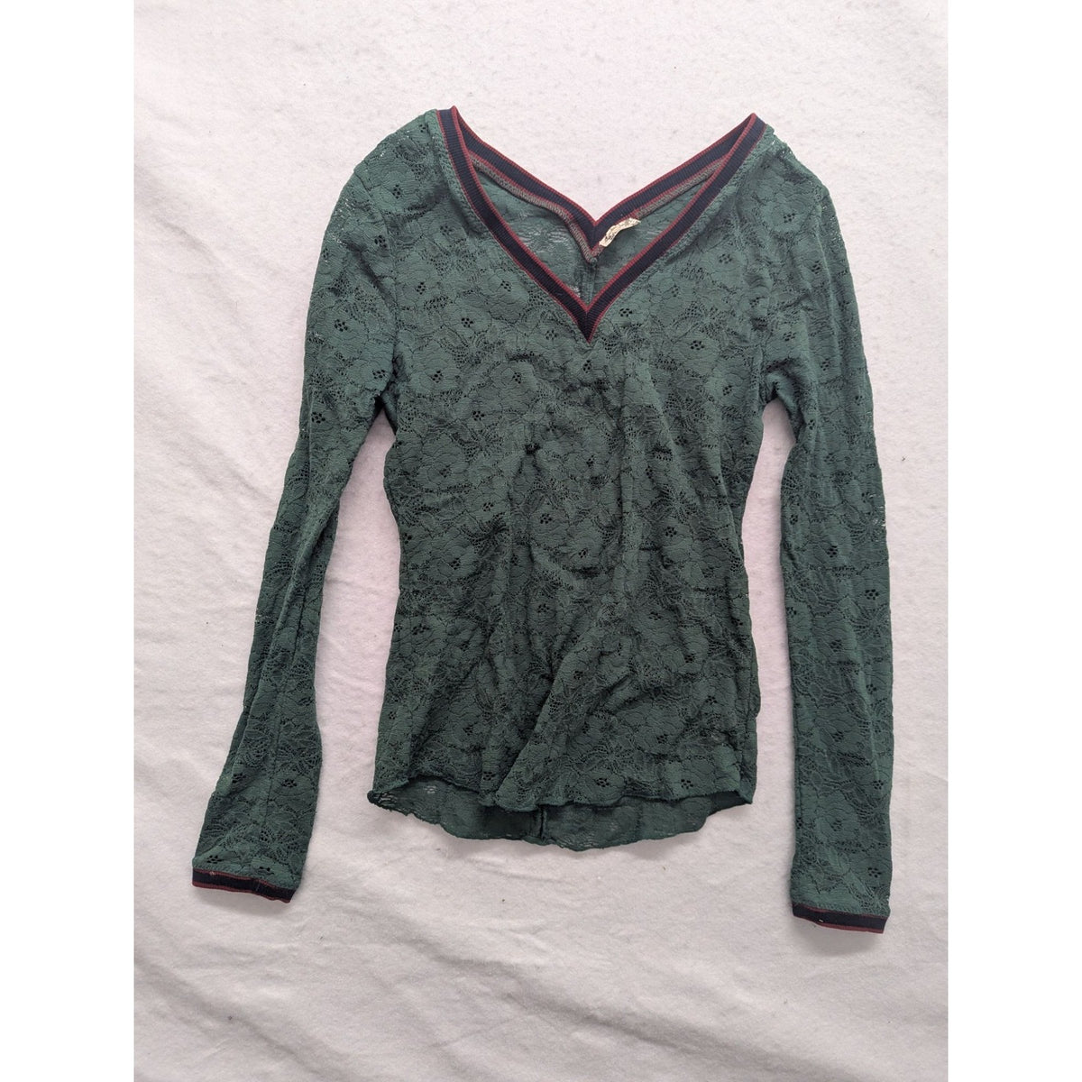 Free People Green Lace Long Sleeve V-Neck Top With Red & Navy Trim