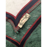 Free People Green Lace Long Sleeve V-Neck Top With Red & Navy Trim