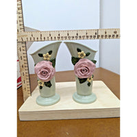 Vintage Ceramic Floral Vase Pair Pale Green Pink Rose Accent