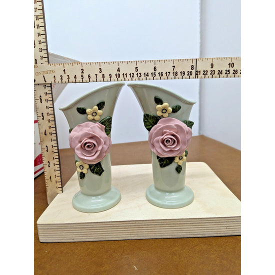 Vintage Ceramic Floral Vase Pair Pale Green Pink Rose Accent