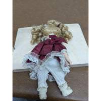 Porcelain Blonde Doll In Burgundy Lace Dress With Accessories