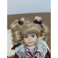 Porcelain Blonde Doll In Burgundy Lace Dress With Accessories
