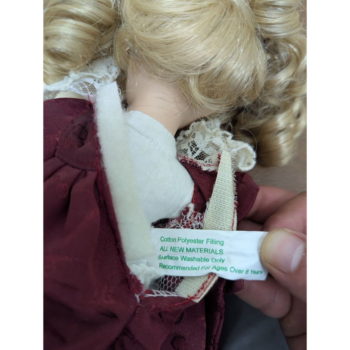 Porcelain Blonde Doll In Burgundy Lace Dress With Accessories