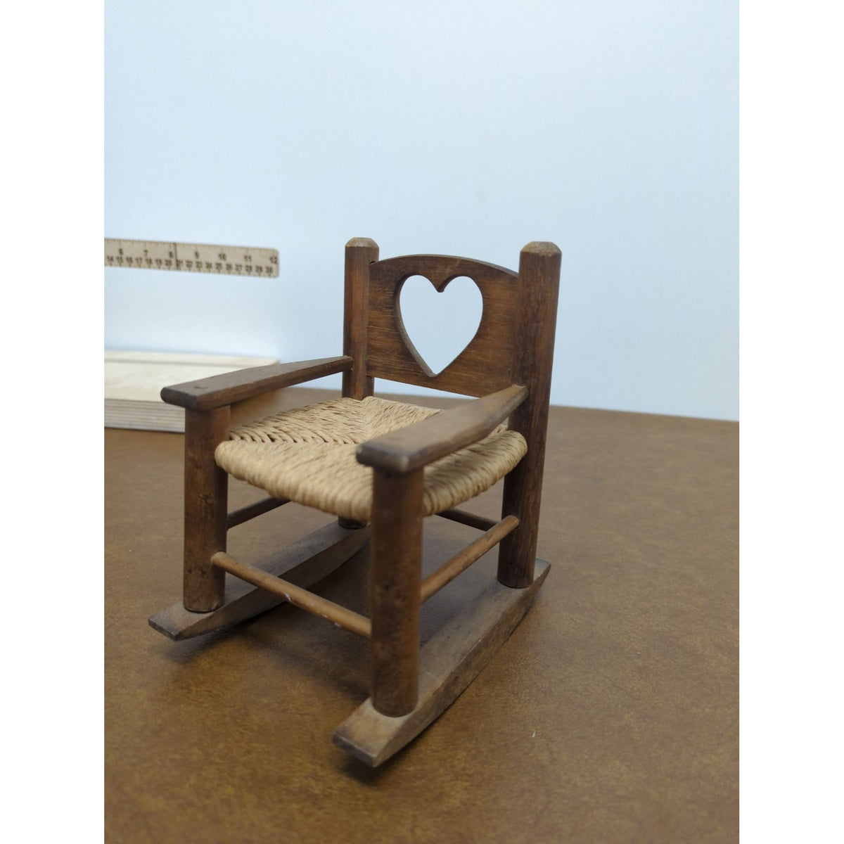 Miniature Wooden Rocking Chair With Woven Seat & Heart Cutout Backrest Rustic Dollhouse Decor 6.5" Tall