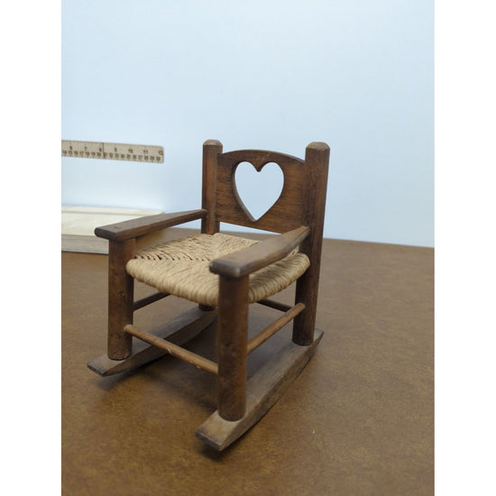 Miniature Wooden Rocking Chair With Woven Seat & Heart Cutout Backrest Rustic Dollhouse Decor 6.5" Tall