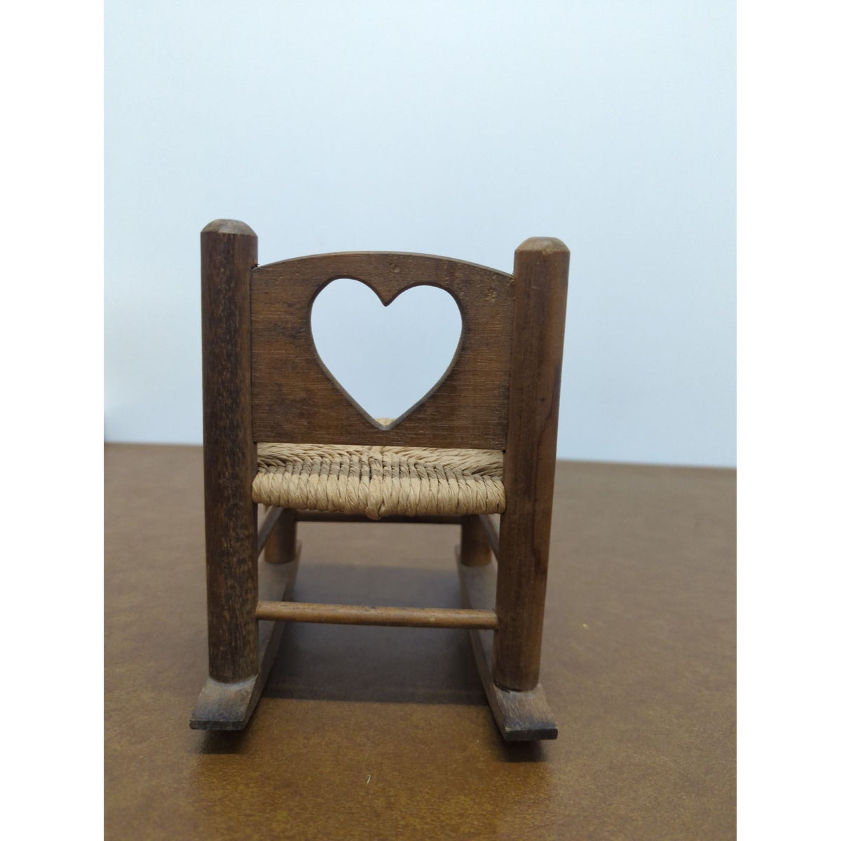 Miniature Wooden Rocking Chair With Woven Seat & Heart Cutout Backrest Rustic Dollhouse Decor 6.5" Tall