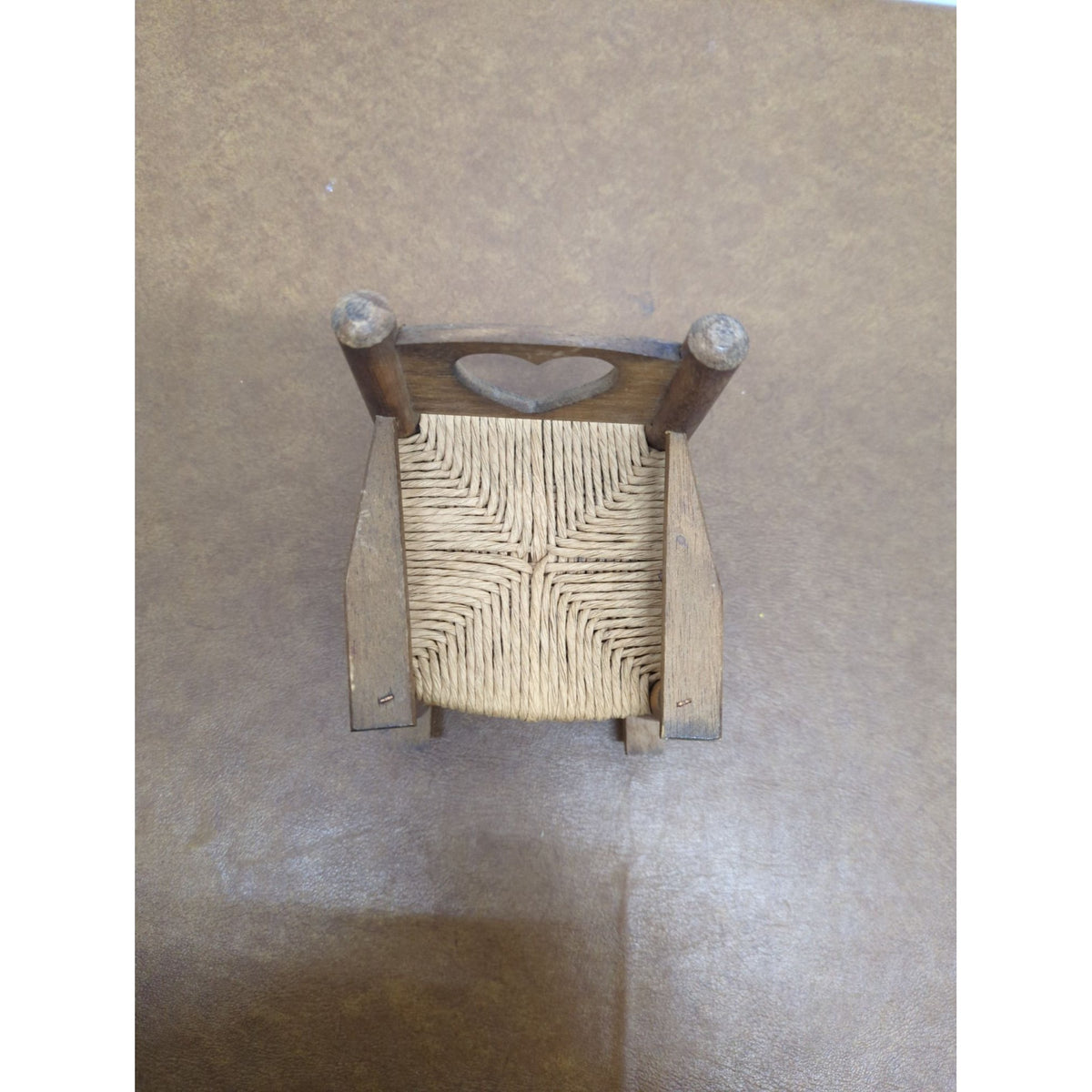 Miniature Wooden Rocking Chair With Woven Seat & Heart Cutout Backrest Rustic Dollhouse Decor 6.5" Tall
