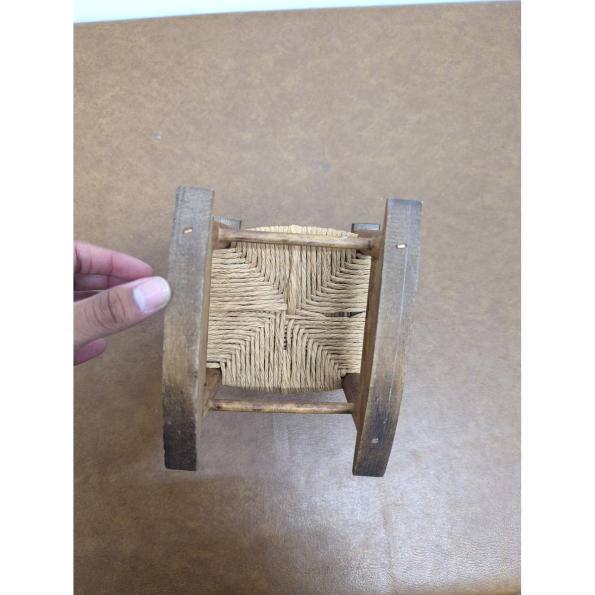 Miniature Wooden Rocking Chair With Woven Seat & Heart Cutout Backrest Rustic Dollhouse Decor 6.5" Tall