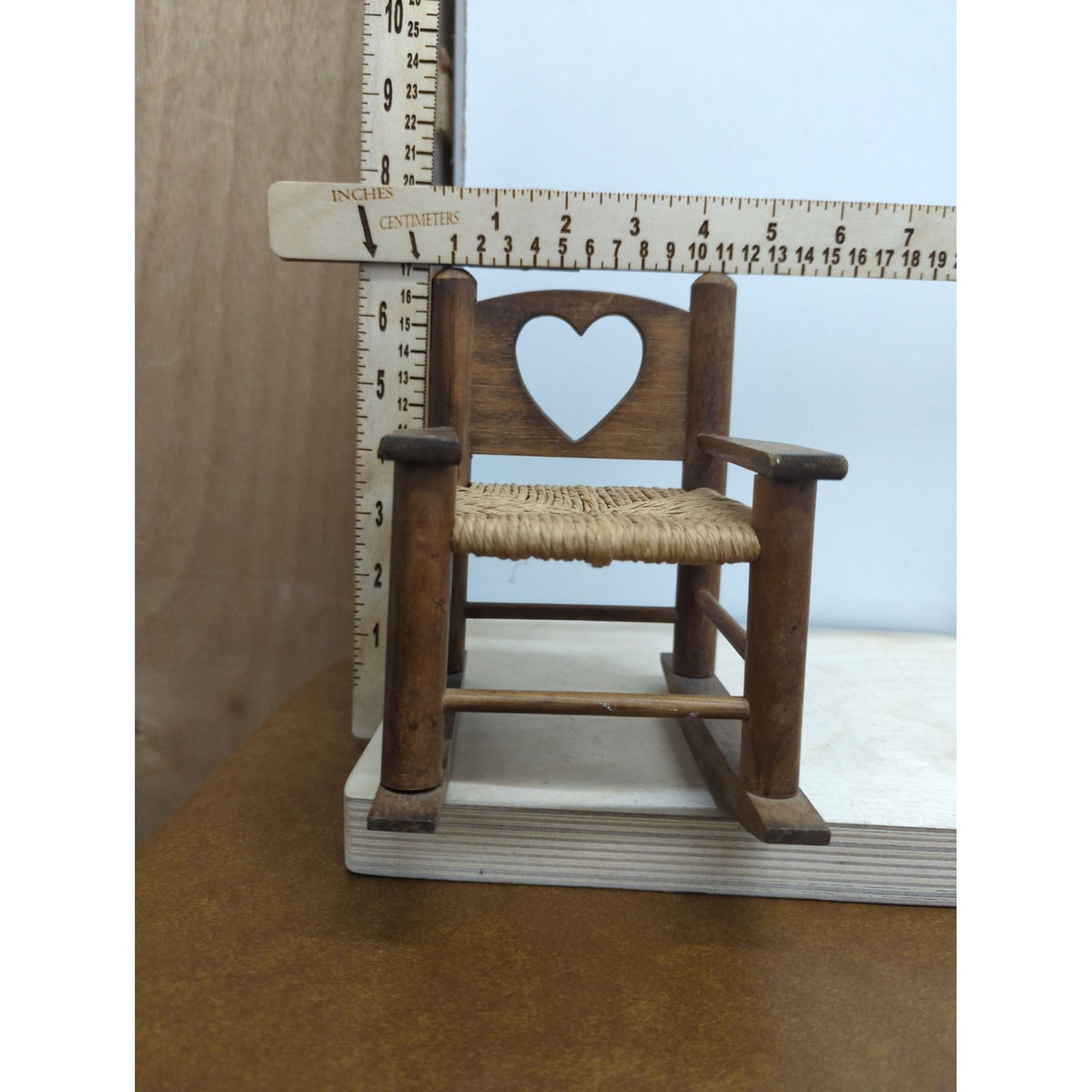 Miniature Wooden Rocking Chair With Woven Seat & Heart Cutout Backrest Rustic Dollhouse Decor 6.5" Tall