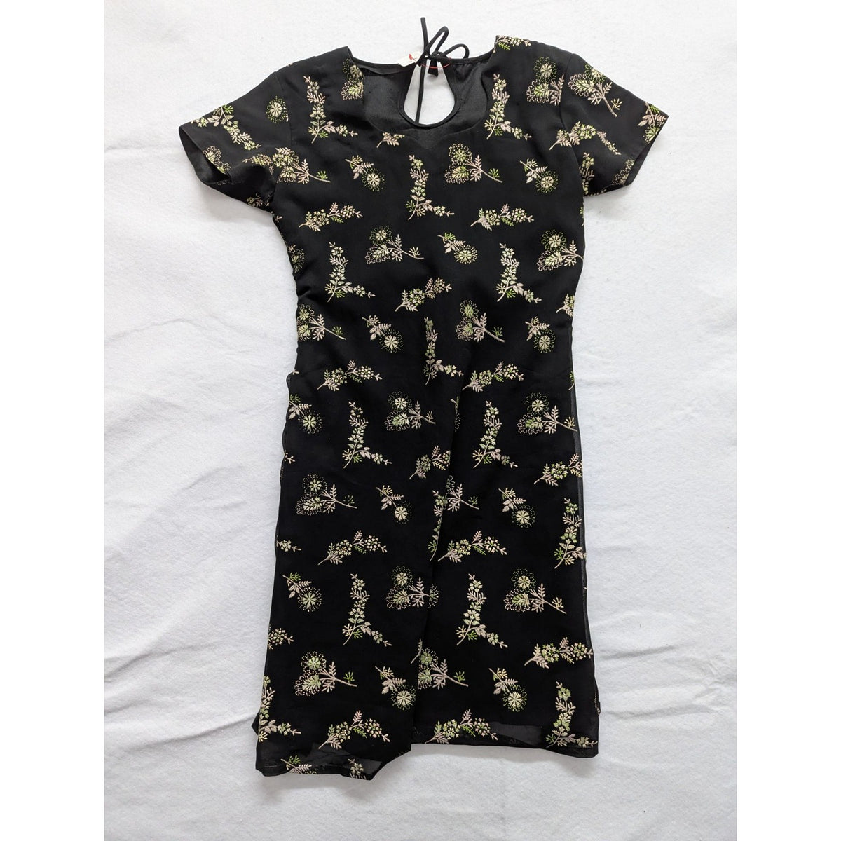 Black Floral Knee-Length Dress With Keyhole Back Short Sleeves & Sheer Overlay