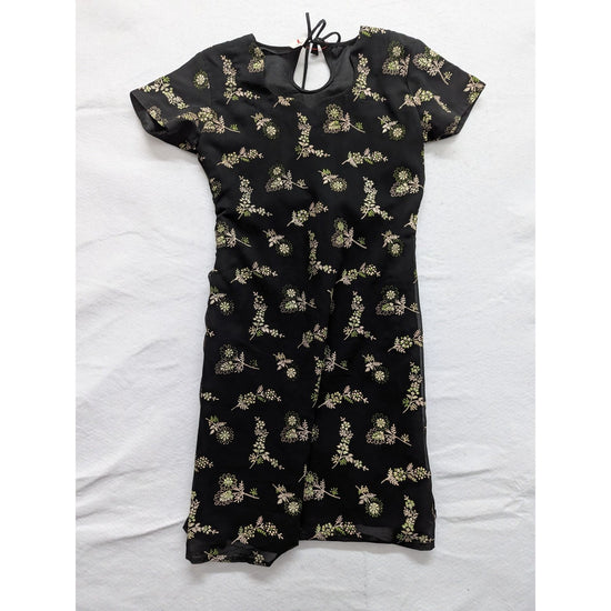 Black Floral Knee-Length Dress With Keyhole Back Short Sleeves & Sheer Overlay