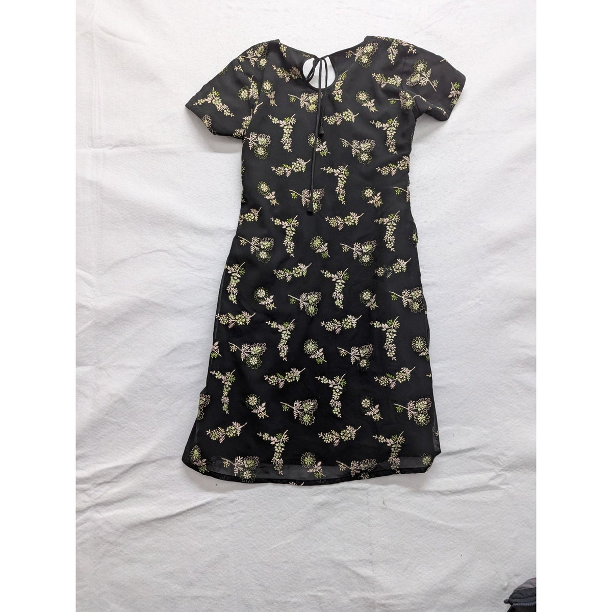 Black Floral Knee-Length Dress With Keyhole Back Short Sleeves & Sheer Overlay